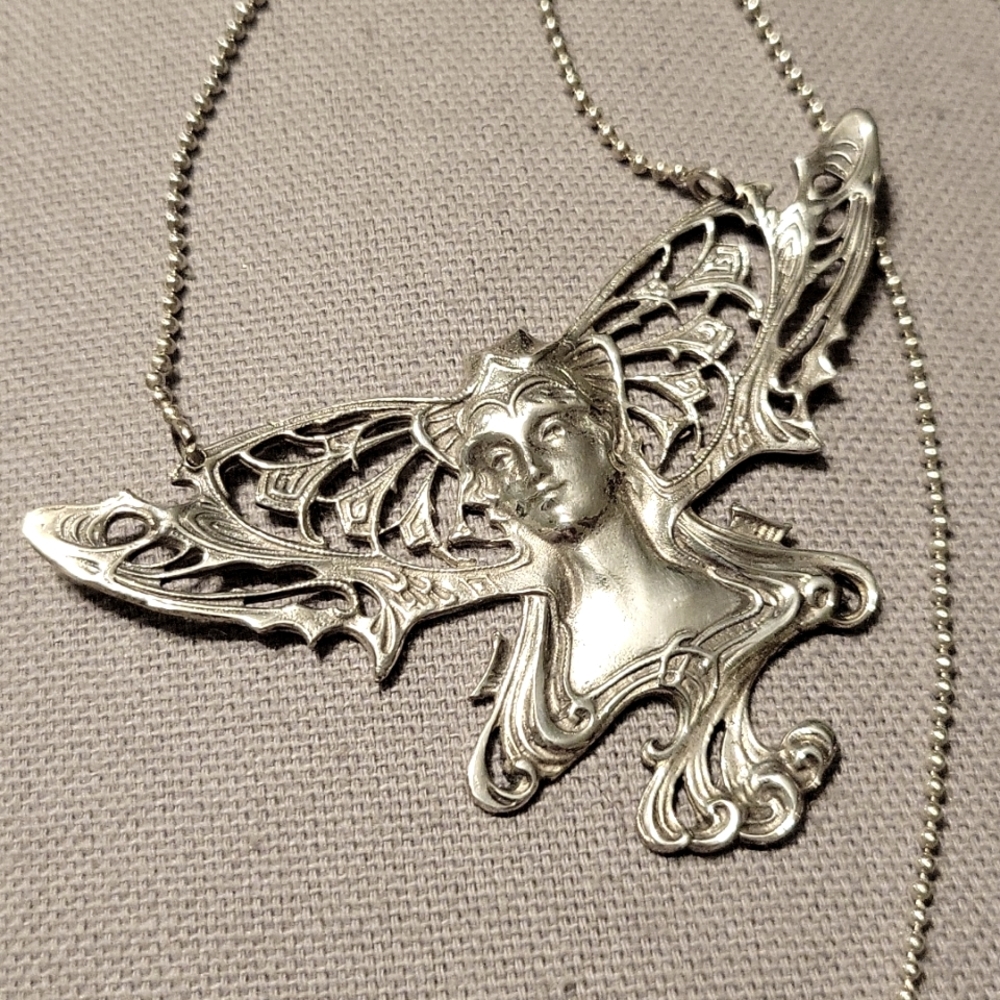 Art Nouveau silver fairy goddess necklace